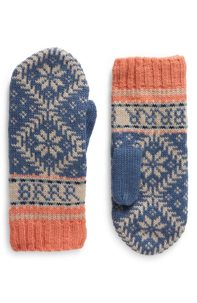 French Knot Fleece Lined Nordic Wool Mittens In Blue