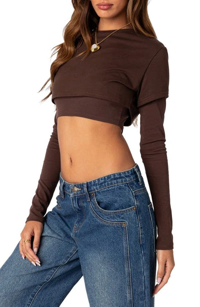 Edikted Vick Layered Cotton Stretch Jersey Crop T-shirt In Brown