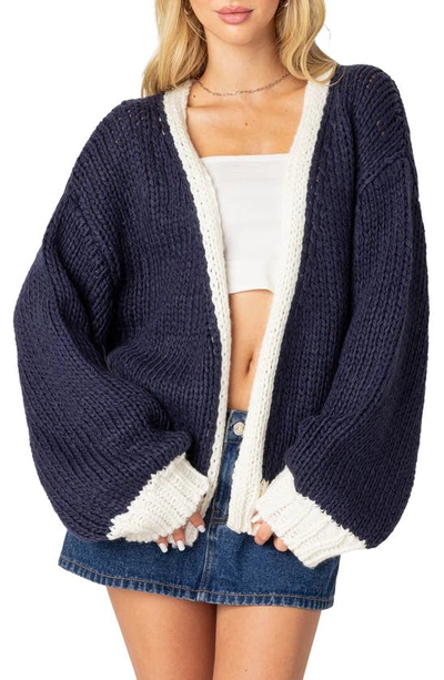 Edikted Colorblock Chunky Knit Cardigan In Navy