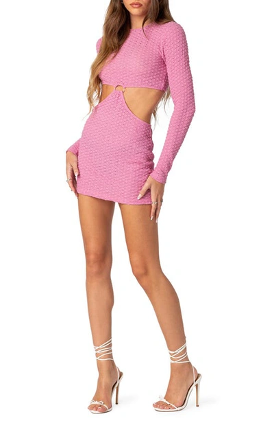 Edikted Nekita Textured Long Sleeve Cutout Minidress In Pink