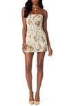 EDIKTED FLORAL TAPESTRY LACE-UP BACK STRAPLESS MINIDRESS