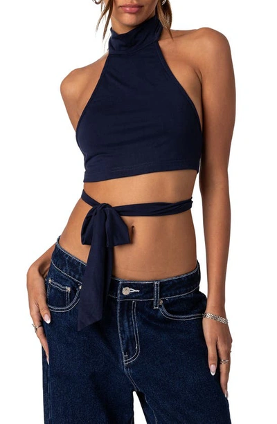 Edikted Women's Hamlin Wrap Tie Crop Top In Navy