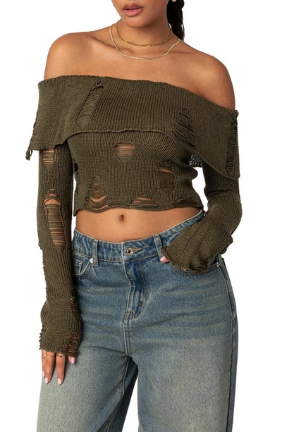 Edikted Distressed Off The Shoulder Crop Sweater In Olive