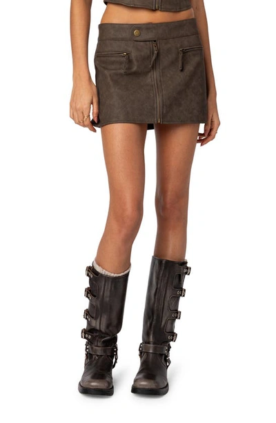 Edikted Ziva Faux Leather Miniskirt In Brown