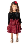 Popatu Kids' Check Long Sleeve Velvet Bodice Tiered Dress In Black/red