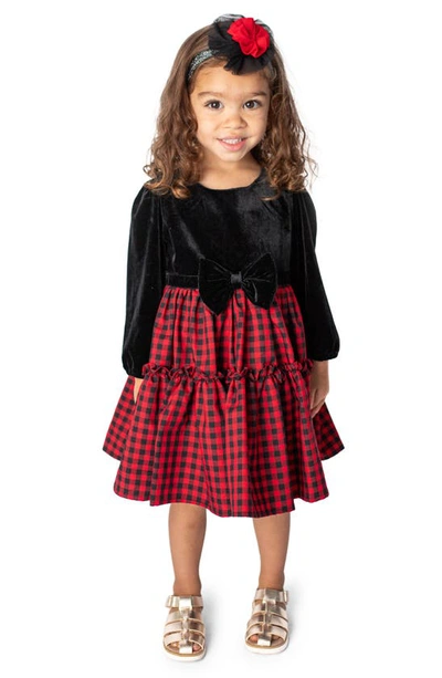 Popatu Kids' Check Long Sleeve Velvet Bodice Tiered Dress In Black/ Red