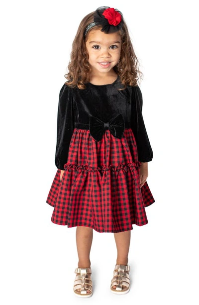 Popatu Kids' Check Long Sleeve Velvet Bodice Tiered Dress In Black/red