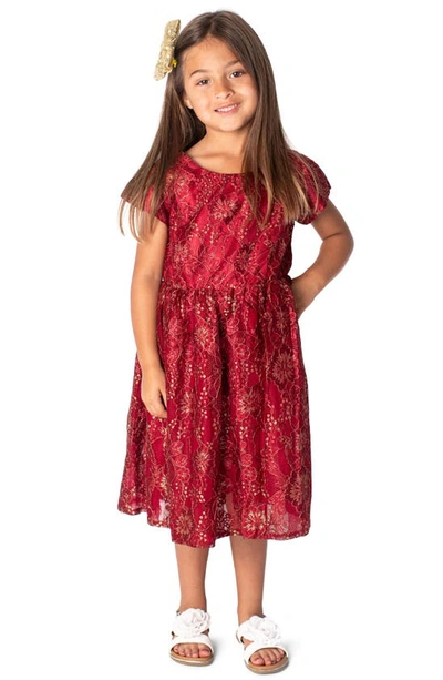 Popatu Kids' Metallic Cap Sleeve Lace Dress In Dark Red