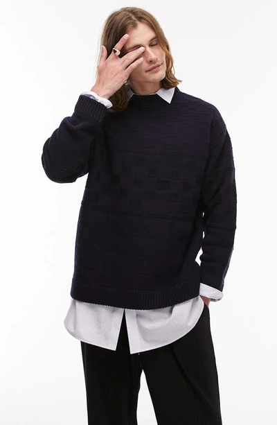 Topman Mixed Pattern Crew Sweater In Navy