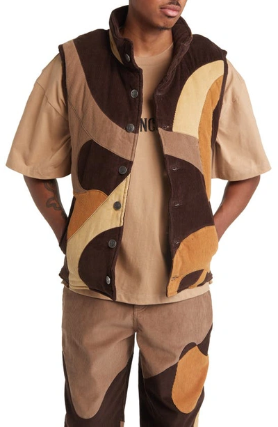 Pas Une Marque Oversize Patchwork Corduroy Puffer Vest In Brown Multi