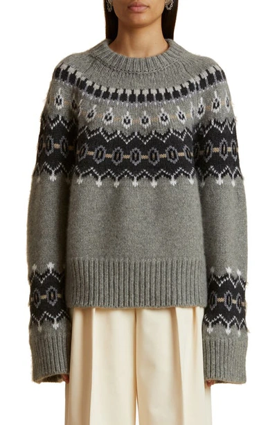 Khaite Halo Oversize Fair Isle Cashmere Blend Sweater In Grey,multi