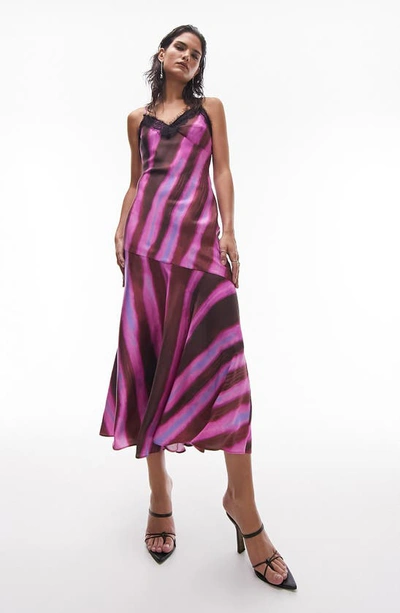 Topshop Abstract Stripe Lace Trim Satin Slipdress In Pink