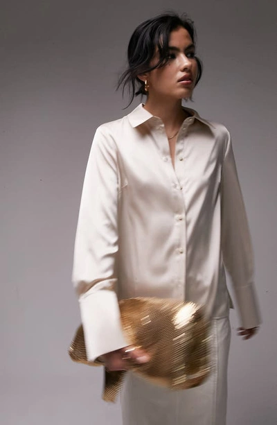 Topshop Long Sleeve Satin Button-up Shirt In Gold