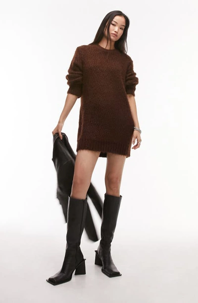 Topshop Long Sleeve Mini Sweater Dress In Brown