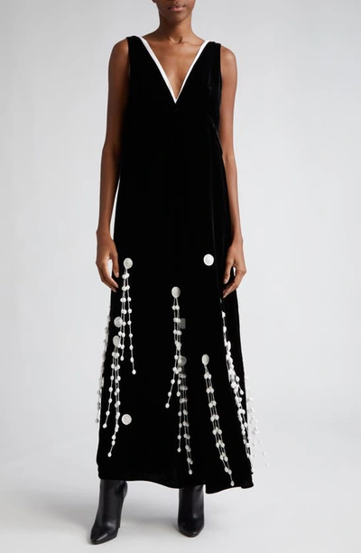 Proenza Schouler Fringe Embroidered Sleeveless Velvet Maxi Dress In Black