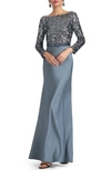 SACHIN & BABI COLLETTE SEQUIN BODICE LONG SLEEVE SATIN GOWN