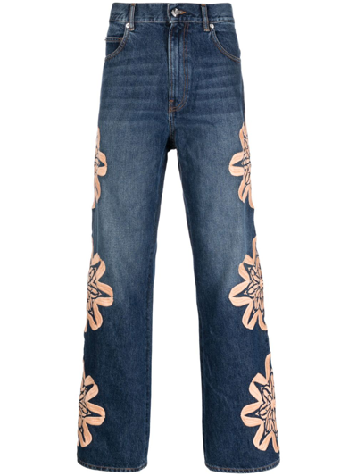 Bluemarble Floral-embroidered Bootcut Jeans In Blue