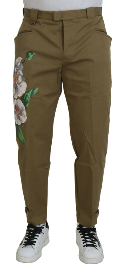 Dolce & Gabbana Beige Cotton Stretch Floral Chinos Pants