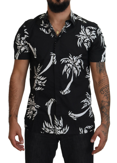 Dolce & Gabbana Black Palm Tree Cotton Silk Short Sleeve Shirt