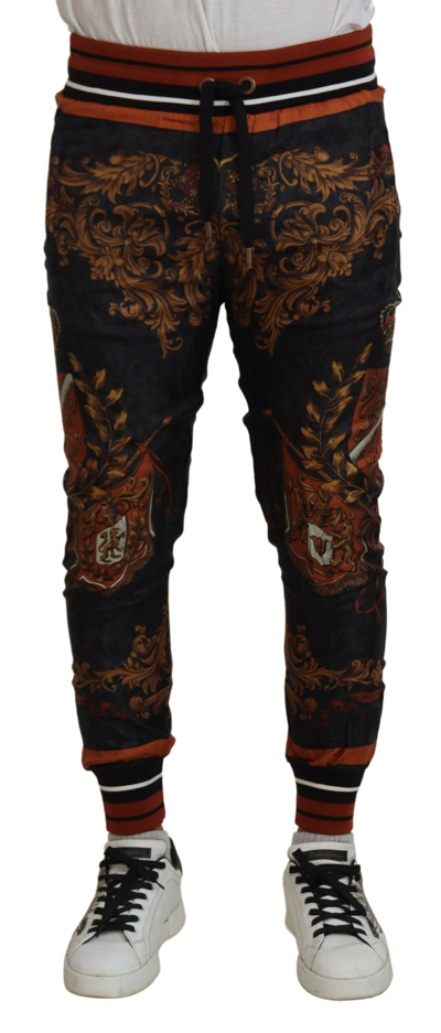 Dolce & Gabbana Gray Silk Baroque Crown Trousers Sport Pants In Multicolor