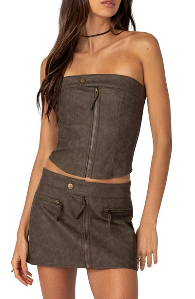 Edikted Ziva Faux Leather Strapless Corset Top In Brown