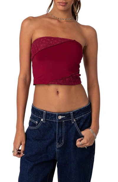 Edikted Lace Patchwork Crop Tube Top In Burgundy