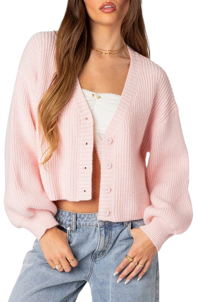 Edikted Sabrina Balloon Sleeve Crop Cardigan In Light-pink