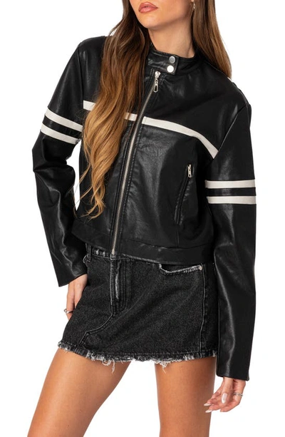 Edikted Rockstar Oversize Faux Leather Jacket In Black-and-white