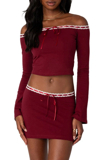 Edikted Seline Ribbon Trim Off The Shoulder Crop Top In Burgundy