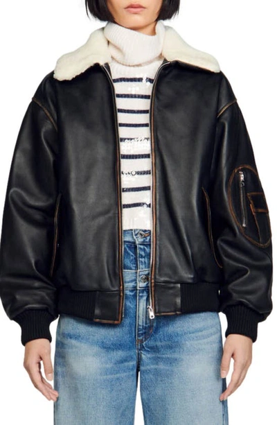 Sandro Faux-fur Collar Bomber Jacket In Brown