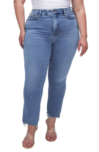 Good American Good Legs Frayed High Waist Ankle Straight Leg Jeans In Indigo