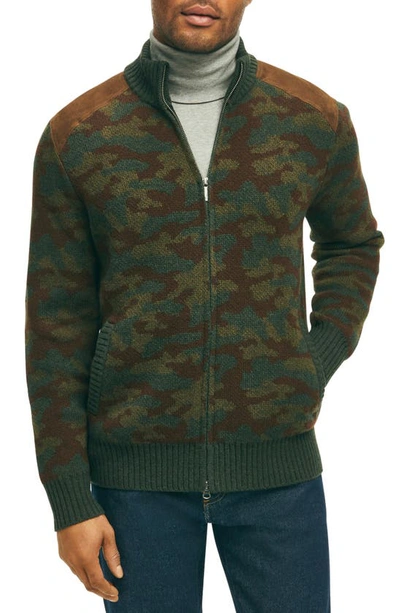 Brooks Brothers Camo Wool Full Zip Sweater In Green