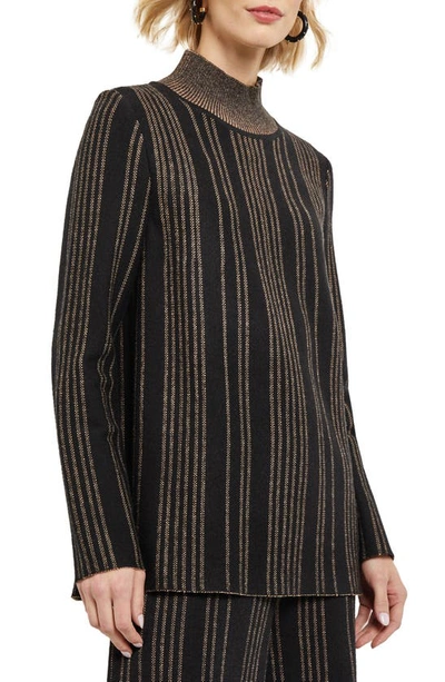 Misook Stripe Turtleneck Tunic Sweater In Black