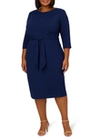 Adrianna Papell Tie Waist Crepe Sheath Dress In Navy Sateen