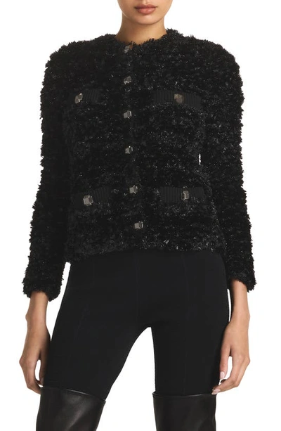 St John Shiny Faux Fur Eyelash Knit Cardigan In Black