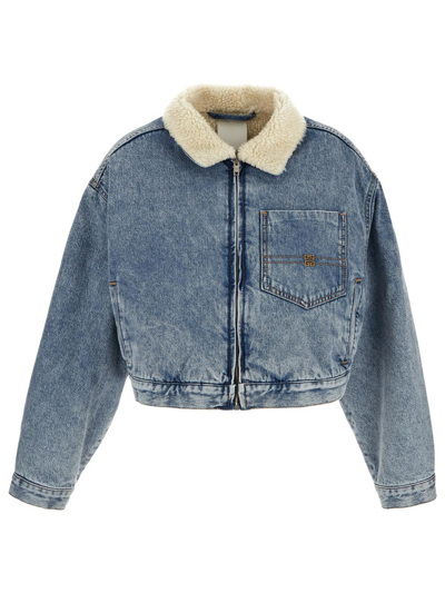 Thom Browne Givenchy Shearling Collar Cropped Denim Jacket In Blue