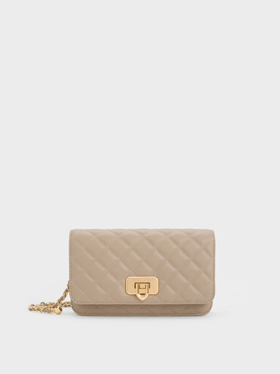 Charles & Keith Cressida Quilted Push-lock Clutch In Taupe
