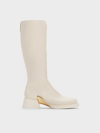 Charles & Keith Devon Metallic-accent Lace-up Knee-high Boots In Chalk