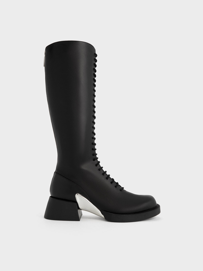 Charles & Keith Devon Metallic-accent Lace-up Knee-high Boots In Black