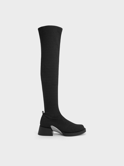 Charles & Keith Devon Striped Metallic-accent Thigh-high Boots In Dark Grey