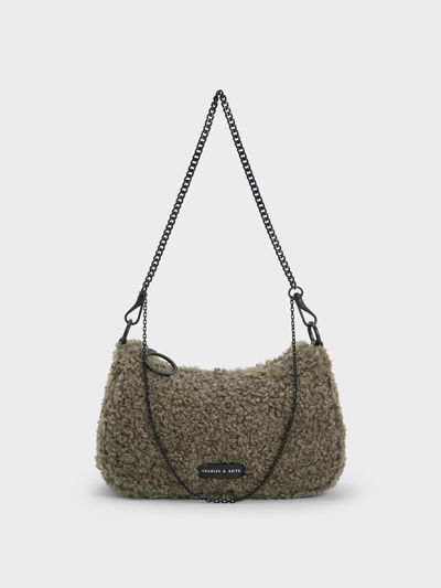 Charles & Keith Philomena Furry Chain-strap Crossbody Bag In Khaki