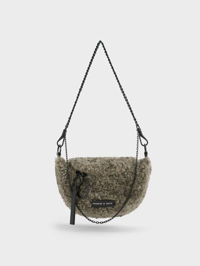 Charles & Keith Philomena Furry Half-moon Crossbody Bag In Khaki