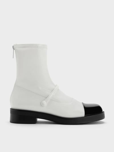 Charles & Keith Front-strap Two-tone Ankle Boots In White