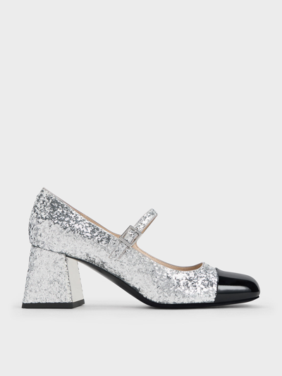 Charles & Keith Patent Glittered Trapeze-heel Mary Janes In Silver