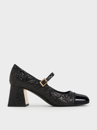 Charles & Keith Patent Glittered Trapeze-heel Mary Janes In Black Textured