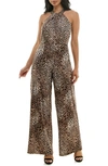 Nina Leonard Twisted Halter Neck Jumpsuit In Neutral Multi