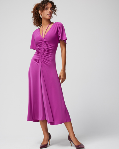 White House Black Market Short-sleeve Ruched Front Midi Dress In Magenta Purple