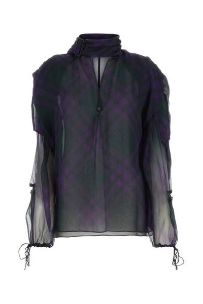 Burberry Check Silk Chiffon Blouse In Royal