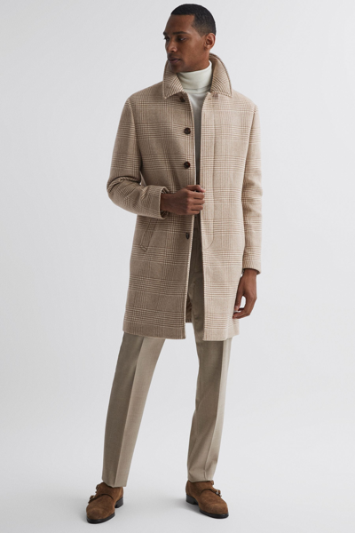 Reiss Bellagio - Oatmeal Wool Check Mid Length Coat, L