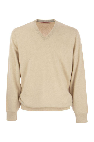 Brunello Cucinelli Cashmere V-neck Sweater In Sand
